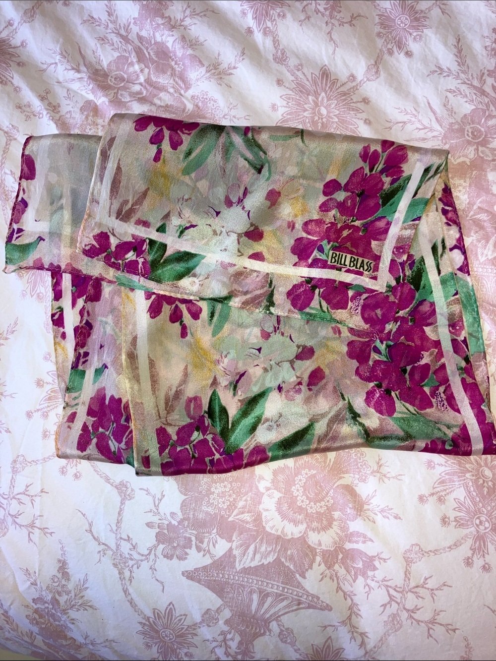Vintage Bill Blass narrow oblong scarf, pink & green floral